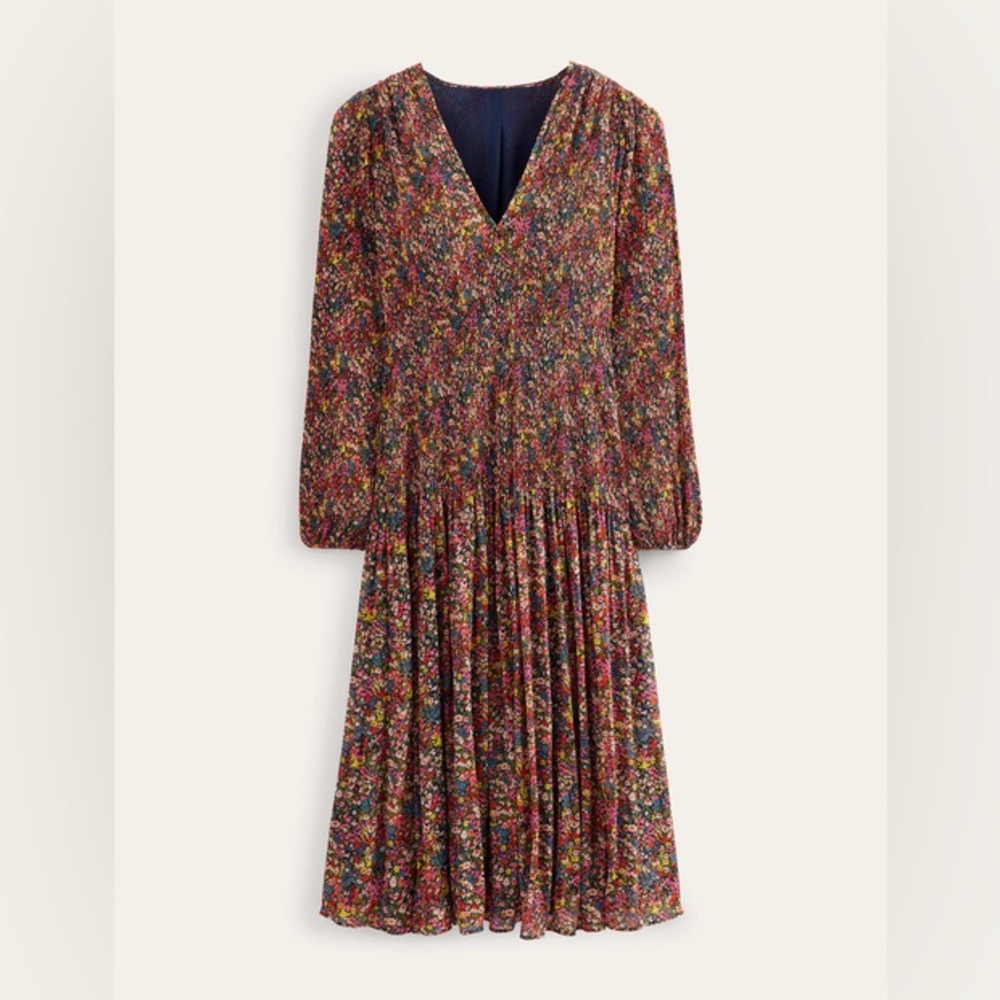 Boden V-neck Plisse Midi Dress rainbow floral - obo